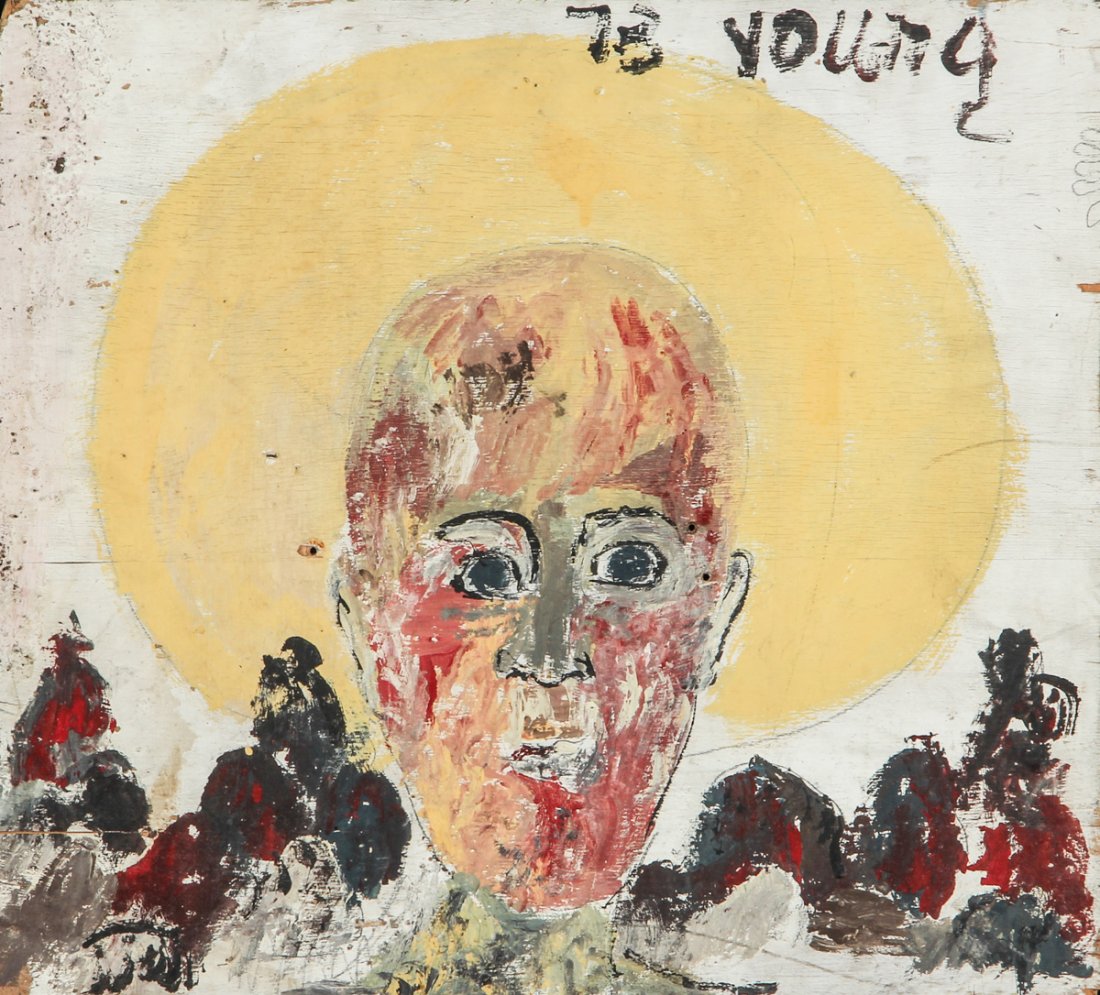Purvis Young (American, 1943-2010): Purvis Young (American, 1943-2010) Untitled (Angel), 1973, paint on found wood panel. Featured in "Purvis of Overtown" documentary. Size: 17" x 18.75", 43 x 48 cm (panel), 19.5" x 21.25", 50 x 54 cm (