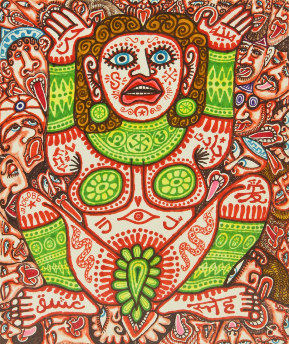 Rex Clawson (American, 1929-2007): Rex Clawson (American, 1929-2007) Tribal Woman, 2002, ink drawing on paper. Size: 13.25" x 11", 34 x 28 cm (sheet), 17" x 13", 43 x 33 cm (frame).