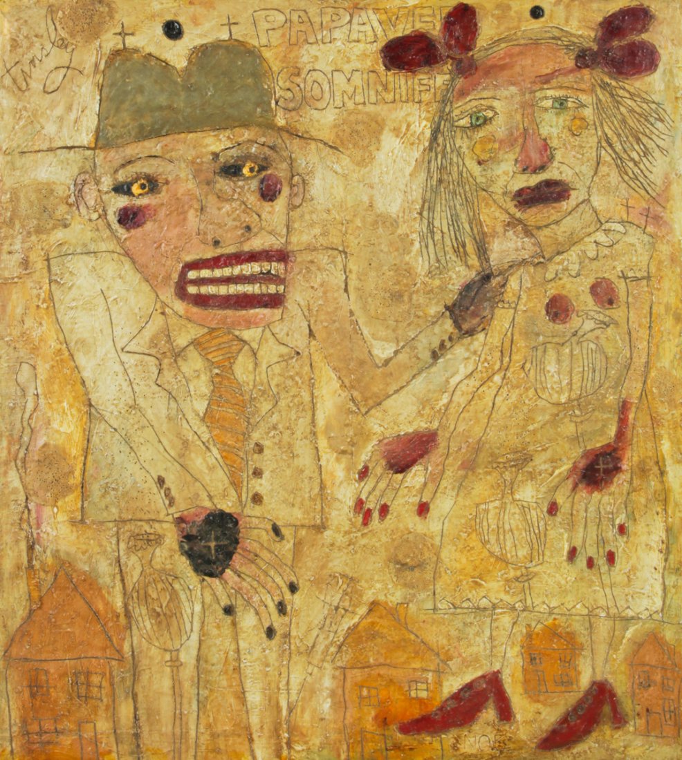 David Tinsley (American, b. 1951): David Tinsley (American, b. 1951) Kicking the Habit No. 5, acrylic painting on panel, in a wood frame. Size: 18" x 16", 46 x 41 cm (board), 18.75" x 16.75", 48 x 43 cm (frame).