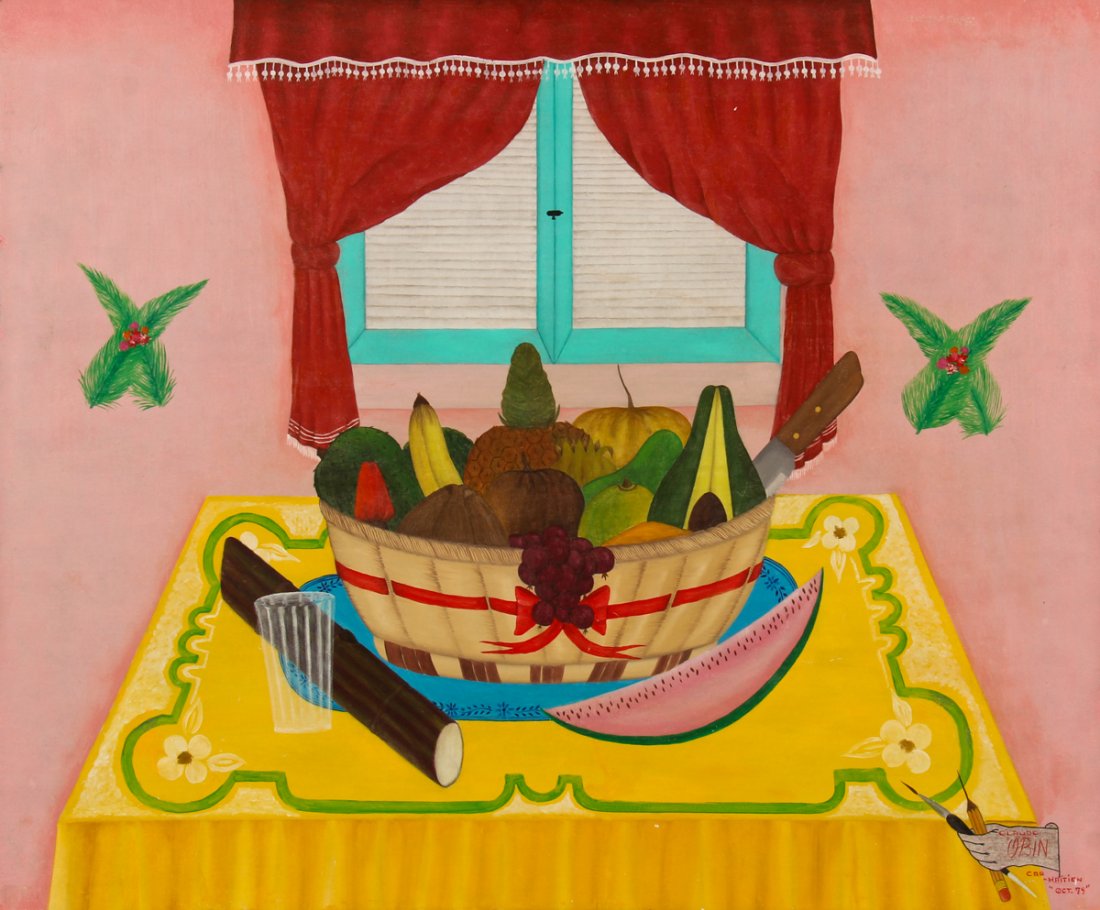 Henri-Claude Obin (Haitian, 1934-2000): Henri-Claude Obin (Haitian, 1934-2000) Capâ€“Haitien Interior with Still Life, oil on masonite, circa 1980. Size: 20" x 24", 51 x 61 cm (board); 20.75" x 24.75", 53 x 63 cm (frame).