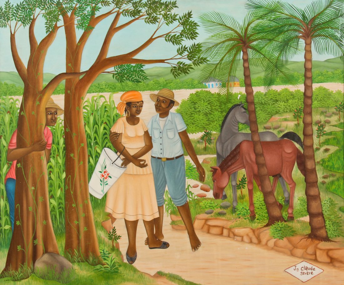 Jean-Claude Severe (Haitian, 20th c.): Jean-Claude Severe (Haitian, 20th c.) Farmer's in the Field, 1979, oil on masonite. Size: 19.75" x 23.75", 50 x 60 cm (sight); 20.75" x 24.5", 53 x 62 cm (frame).