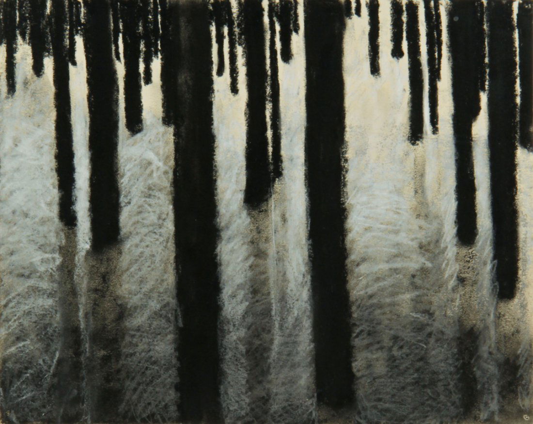 Dozier Bell, Forest Study Charcoal Drawing, 1985: Dozier Bell (American, b. 1957), Forest Study, 1985, charcoal drawing on paper. Size: 13.25" x 16.25", 34 x 41 cm (frame), 11.5" x 14.25", 29 x 36 cm (board). Provenance: The Estate of Aaron Fine, Swa