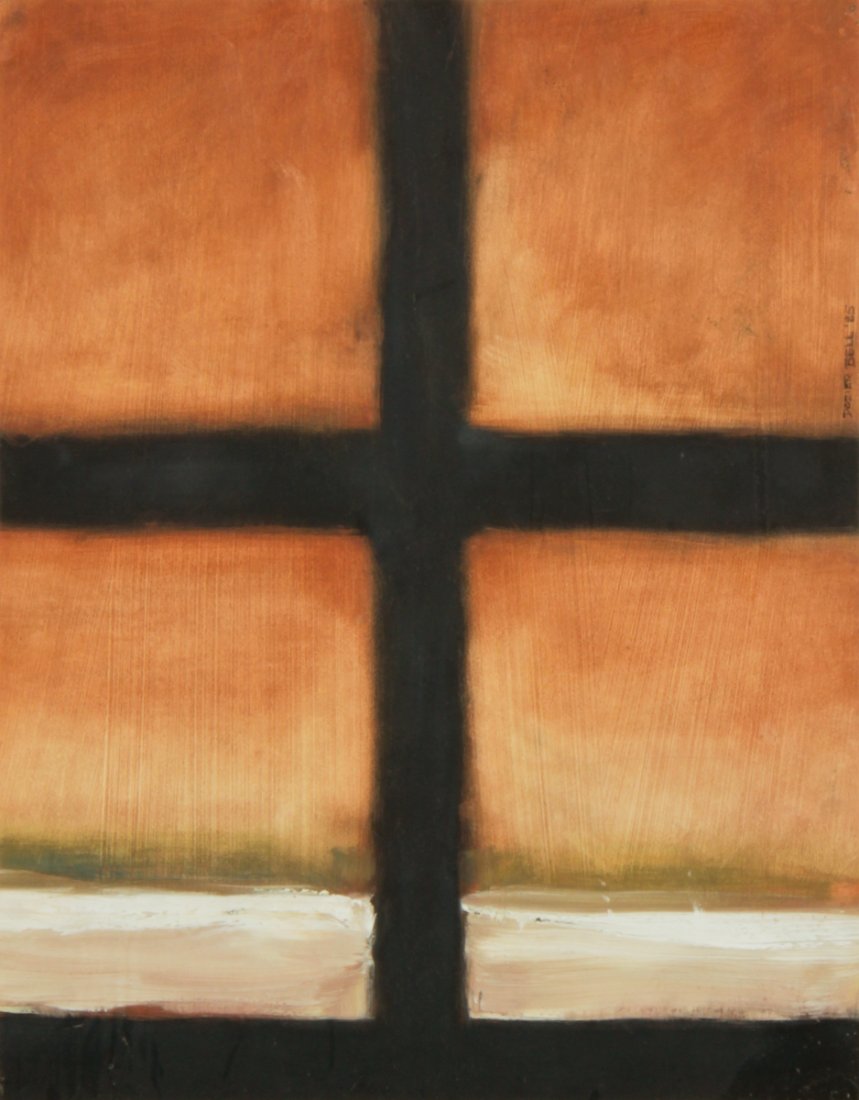 Dozier Bell Oil on Paper: Dozier Bell (American, b. 1957), Landscape with Cross, 1985, oil on paper. Size: 19.75" x 15.75", 50 x 40 cm (frame), 14.25" x 11.25", 36 x 29 cm (sight). Provenance: The Estate of Aaron Fine, Swarthm