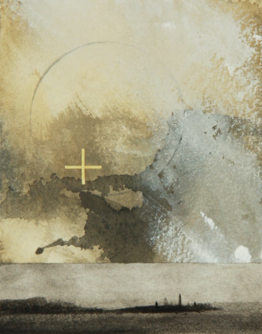 Dozier Bell Mixed Media Drawing: Dozier Bell (American, b. 1957), Untitled (Abstract Composition with Skyline), mixed media drawing. Size: 11.25" x 10", 29 x 25 cm (frame), 5.75" x 4.5", 15 x 11 cm (board). Provenance: The Estate of