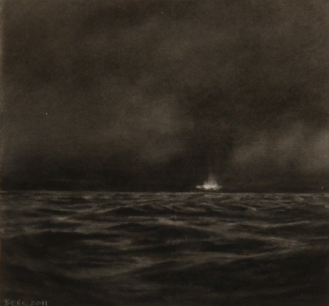 Dozier Bell Drawing: Dozier Bell (American, b. 1957) Untitled (Boat on Horizon), 2011, charcoal drawing. Size: 10.5" x 10.25", 27 x 26 cm (frame), 2.5" x 2.75", 6 x 7 cm (sight). Provenance: The Estate of Aaron Fine, Swar