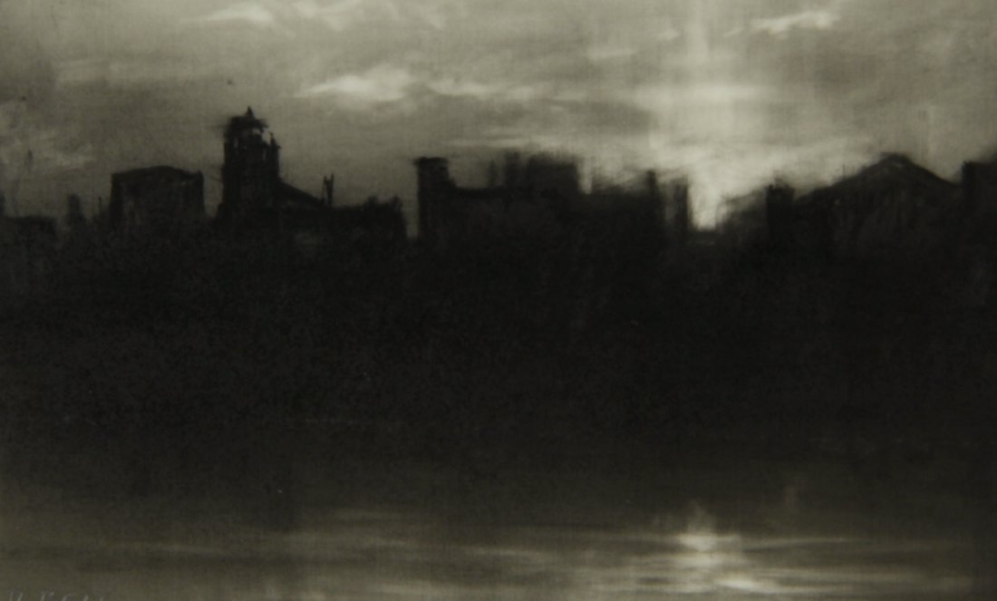 Dozier Bell, "City, Dawn", 2004.: Dozier Bell (American, b. 1957), "City, Dawn", 2004, charcoal drawing on acetate. Size: 10.5" x 11.25", 27 x 29 (frame). 2.5" x 4", 6 x 10 cm (sight). Provenance: DFN Gallery, New York, NY (label on v