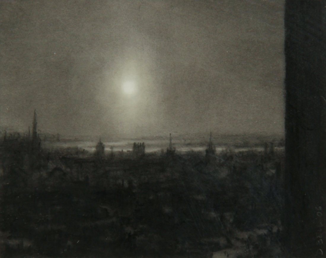 Dozier Bell Drawing: Dozier Bell (American, b. 1957), "City Night", 2006, charcoal drawing. Size: 10.25" x 10", 26 x 25 cm (frame), 2.5" x 3.25", 6 x 8 cm (sight). Provenance: The Estate of Aaron Fine, Swarthmore, PA.