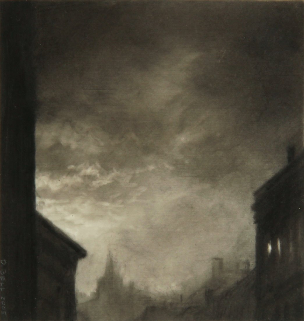 Dozier Bell Drawing: Dozier Bell (American, b. 1957), Untitled (Cityscape), charcoal drawing. Size: 12" x 11", 30 x 28 cm (frame), 4" x 3.25", 10 x 8 cm (sight). Provenance: Allcocisco Gallery, Portland, ME (noted on fram