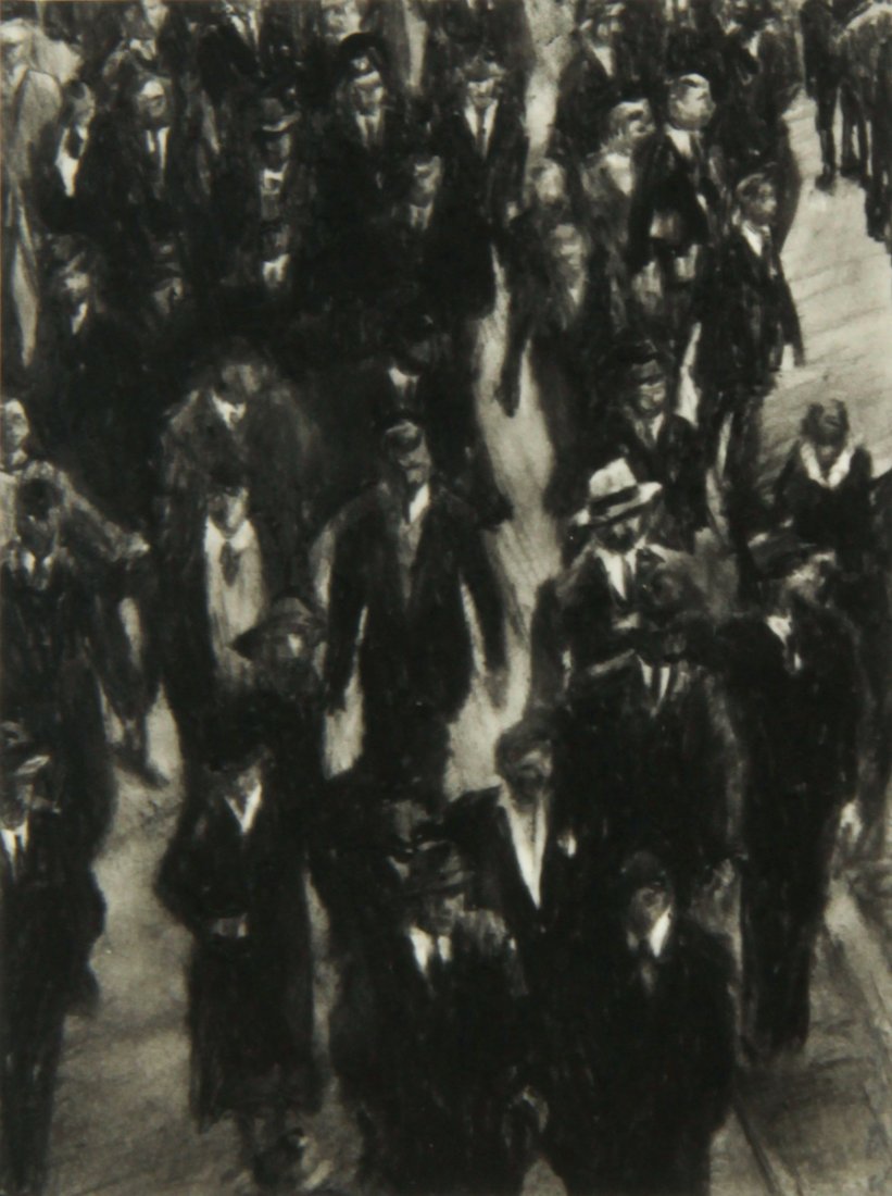 Dozier Bell Drawing: Dozier Bell (American, b. 1957), Untitled (Business People Walking on Street), 2004, charcoal drawing. Size: 12.5" x 10.75", 32 x 27 cm (frame), 4.25" x 3.25", 11 x 8 cm (sight). Provenance: The Estat