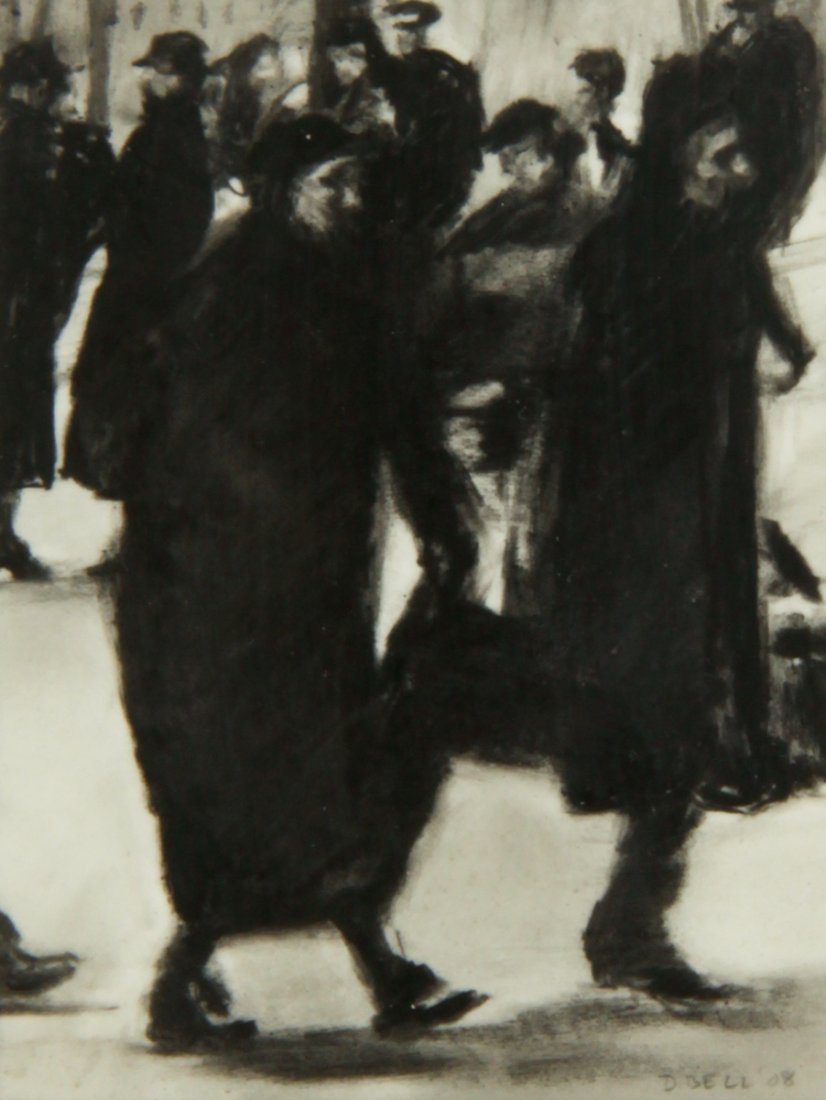 Dozier Bell Drawing: Dozier Bell (American, b. 1957), Untitled (Woman Walking in the City), 2008, charcoal drawing. Size: 9.75" x 8.25", 25 x 21 cm (frame), 3.25" x 2.5", 8 x 6 cm (sight). Provenance: The Estate of Aaron