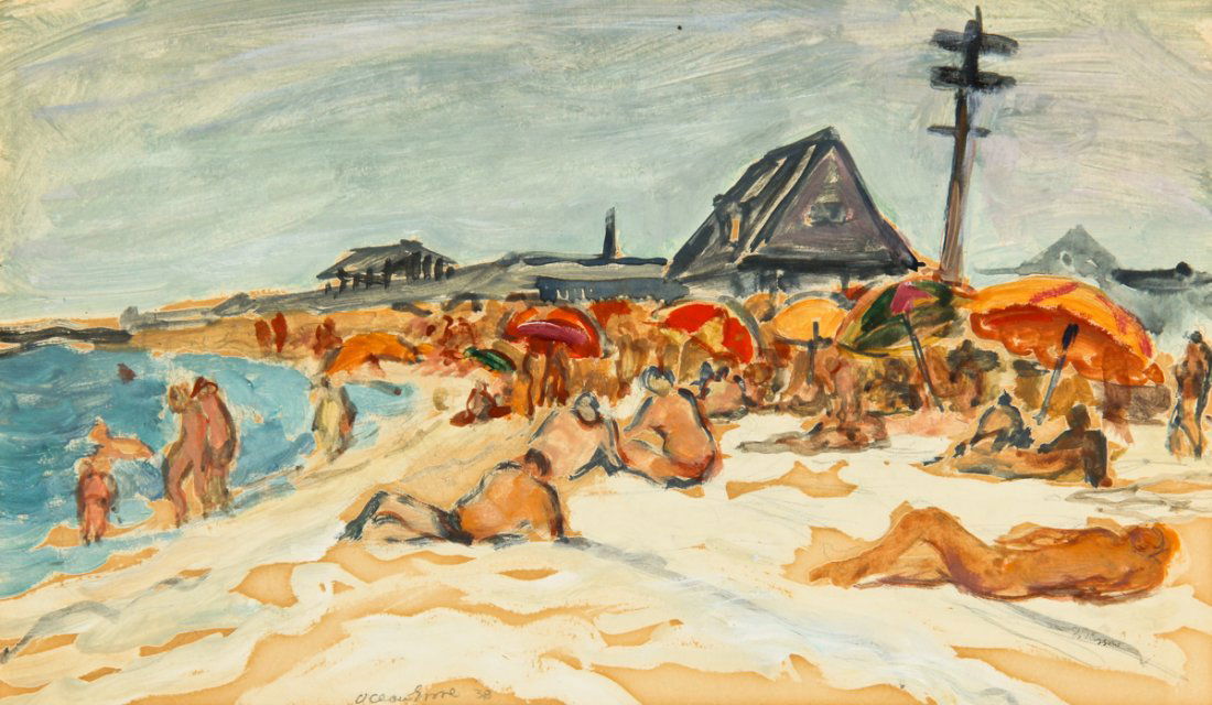 Bernard Gussow (Russian/American, 1881-1957): Bernard Gussow (Russian/American, 1881-1957) Ocean Shore, 1938, gouache and graphite on paper. Size: 8" x 13.75", 20 x 35 cm (sight), 14" x 19.5", 36 x 50 cm (frame). American modernist painter and li