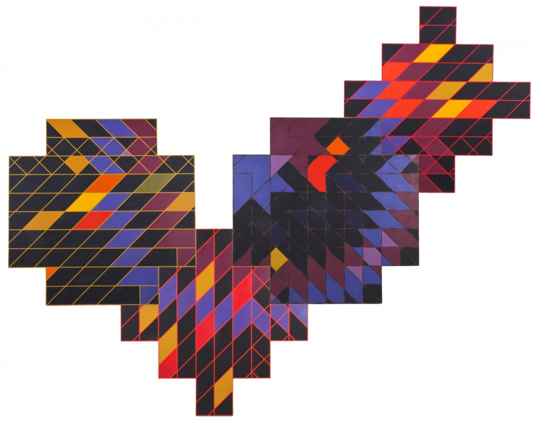 Robert Pepper Painting: Robert Pepper (American, 20th c.) Sparks, painting on canvas, 4 parts. Size: 132" x 168", 335 x 427 cm (overall).