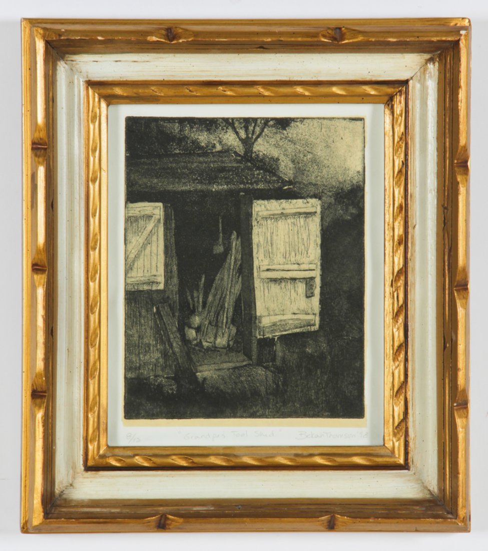 Bekah Thompson (American, 20th c.): Bekah Thompson (American, 20th c.) Granpa's Tool Shed, 1998, intaglio engraving. Size: 11" x 9", 28 x 23 cm (sight), 16.5" x 14.5", 42 x 37 cm (frame).