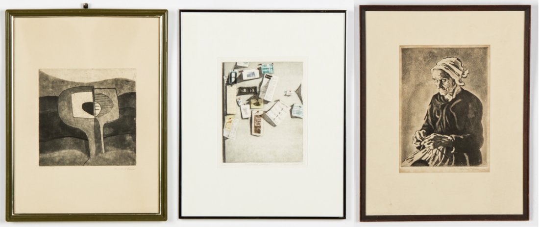 Group of 3 Engravings: Group of 3 Engravings: 1) Bridget Klein (American, 20th c.), Abstract Forms. Size: 7.75" x 7.75", 20 x 20 cm (plate); 17" x 13", 43 x 33 cm (frame); 2) Linda Adato (20th c.) "Unexpected Linkages", 198
