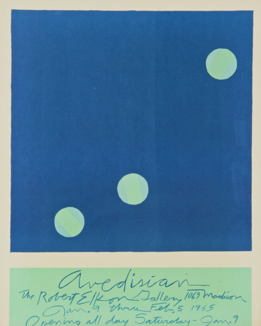 Edward Avedisian Exhibition Poster: Elkon Gallery: Edward Avedisian Exhibition Poster: Elkon Gallery, serigraph. Size: 21.75" x 17.5", 55 x 44 cm (sight), 22.25" x 18.25", 57 x 46 cm (frame).