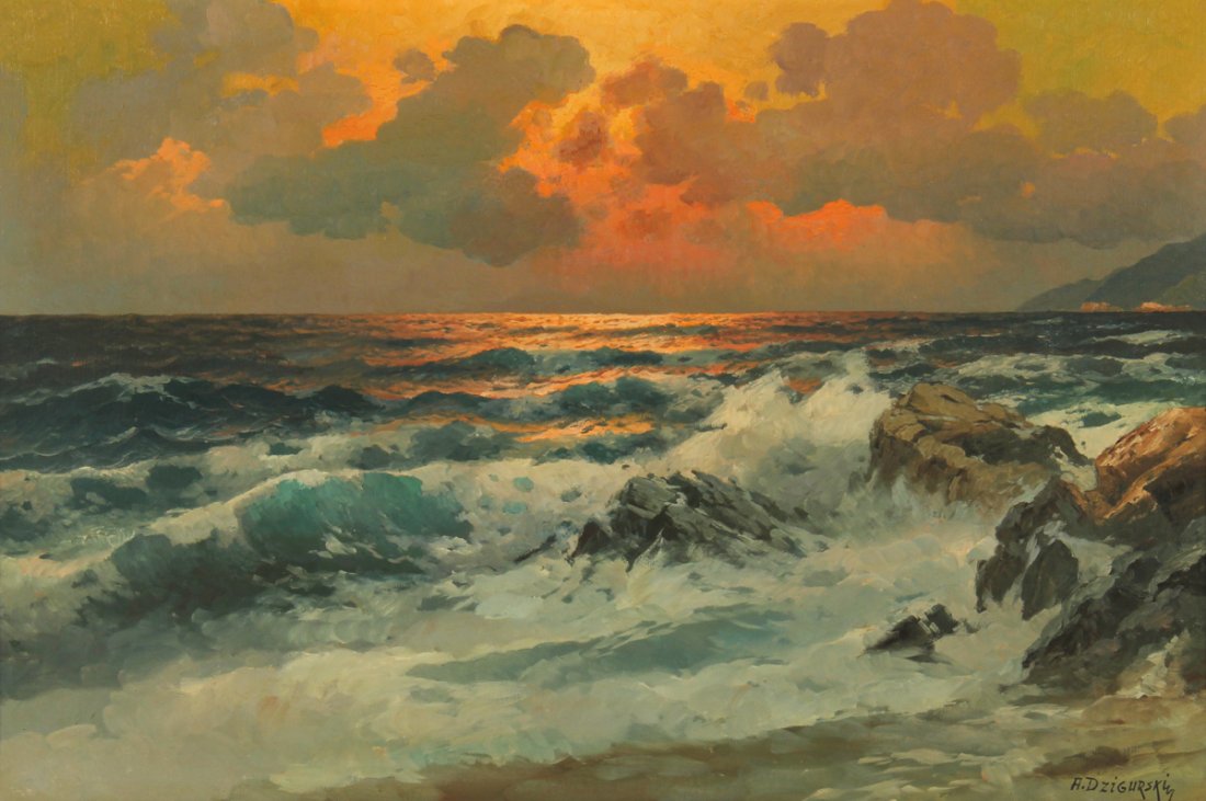 Alexander A. Dzigurski (American, 1911-1995): Alexander A. Dzigurski (American, 1911-1995) Seascape with Rocks (Pacific Ocean, California), oil on canvas. Provenance: Newman Galleries (label on verso). Size: 24" x 36", 61 x 91 cm (stretcher); 31"