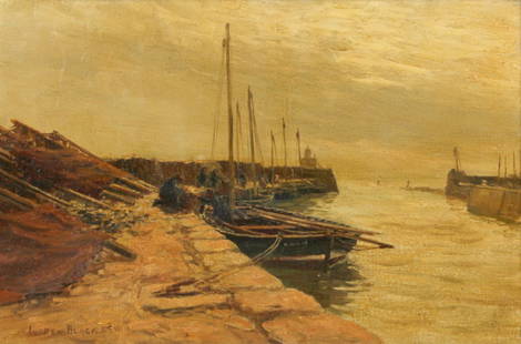 Andrew Black (British, 1850-1916): Andrew Black (British, 1850-1916), Boats Docked at Harbor. Size: 12" x 18", 30 x 46 cm (stretcher), 19.25" x 25.25", 49 x 64 cm (period frame).