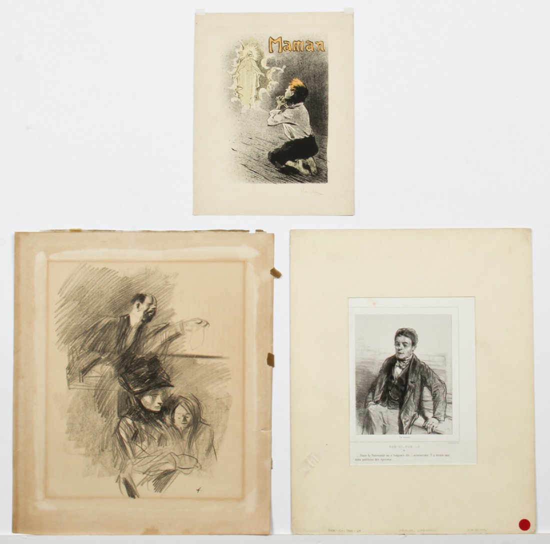 Group of 3 Lithographs: Group of Lithographs: 1) Theophile Alexandre Steinlen (French/Swiss, 1859-1923) Maman, lithograph, signed. Size: 13.5" x 10.5", 34 x 27 cm (sheet); 2) Paul Gavarni (French, 1804-1866) Par-ci, Par-la,