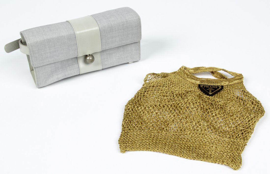Prada Gold Fishnet Bag and Escada Handbag: Prada Gold Fishnet Bag and Escada Handbag. Size: 5" x 9.5" x 3" (13 x 24 x 8 cm) and 11" x 9.5" (28 x 24 cm).