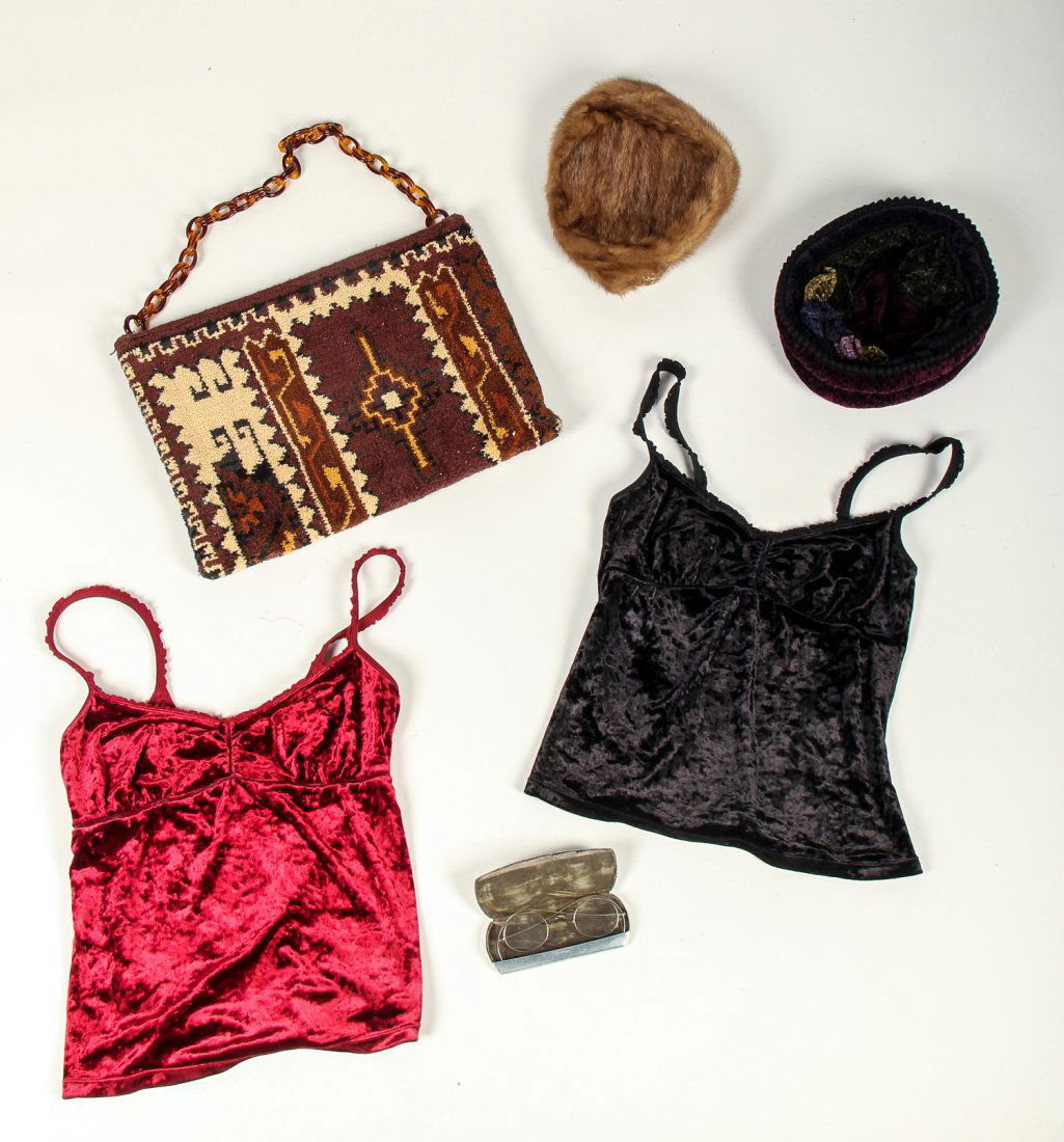 Vintage Women's Clothing Lot: Vintage Women's Clothing Lot: 2 Vintage designer hats. A knit cap by Adrienne Sloane Milliner and a fur hat by Franklin Simon; 2 Vintage On Gossamer Crushed Velvet Camisoles.