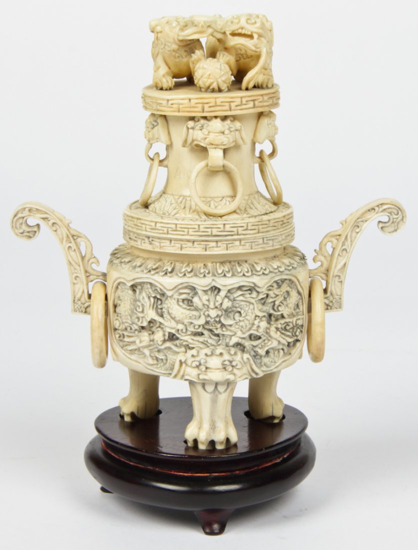 Antique Chinese Ivory Lidded Jar: Chinese carved ivory lidded jar. Size: 9.5" x 7.5" x 4.25" (24 x 19 x 11 cm).