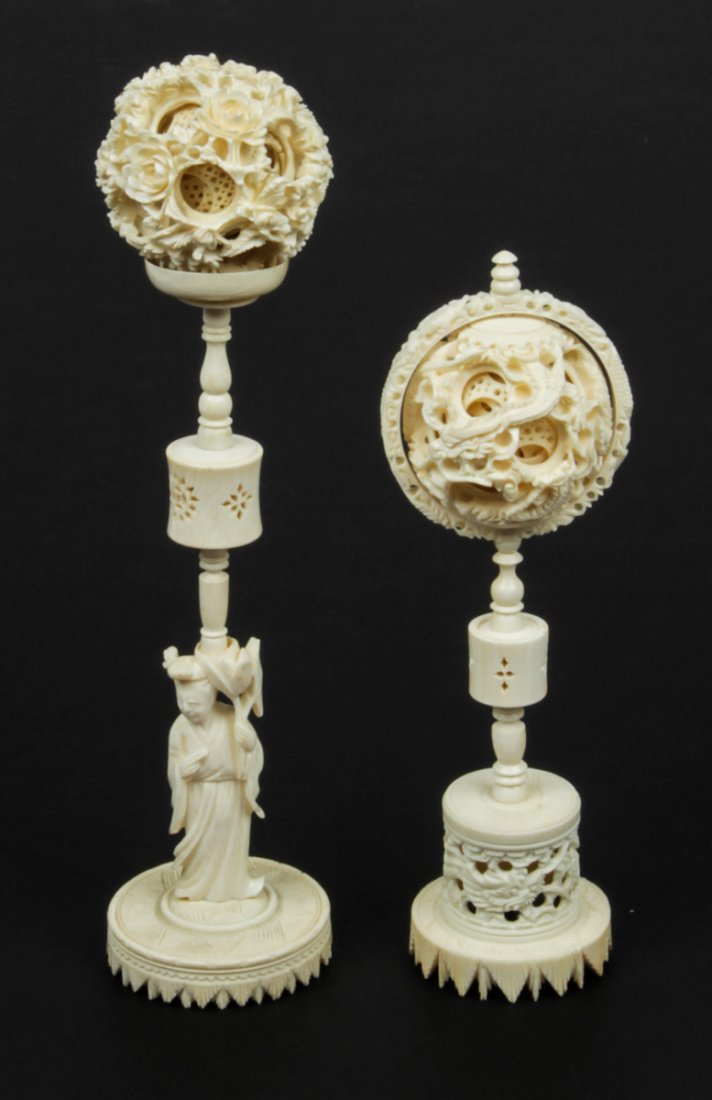 2 Antique Carved Chinese Ivory Mystery Balls: 2 Carved Chinese "Mystery" balls.