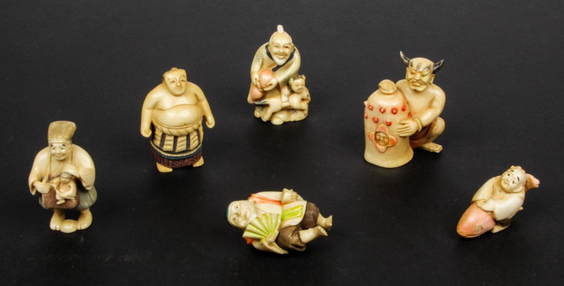 6 Pc Lot of Antique Polychrome Japanese Ivory Netsukes: 6pc lot of antique polychrome Japanese ivory netsukes. Size: largest 2" (5 cm).