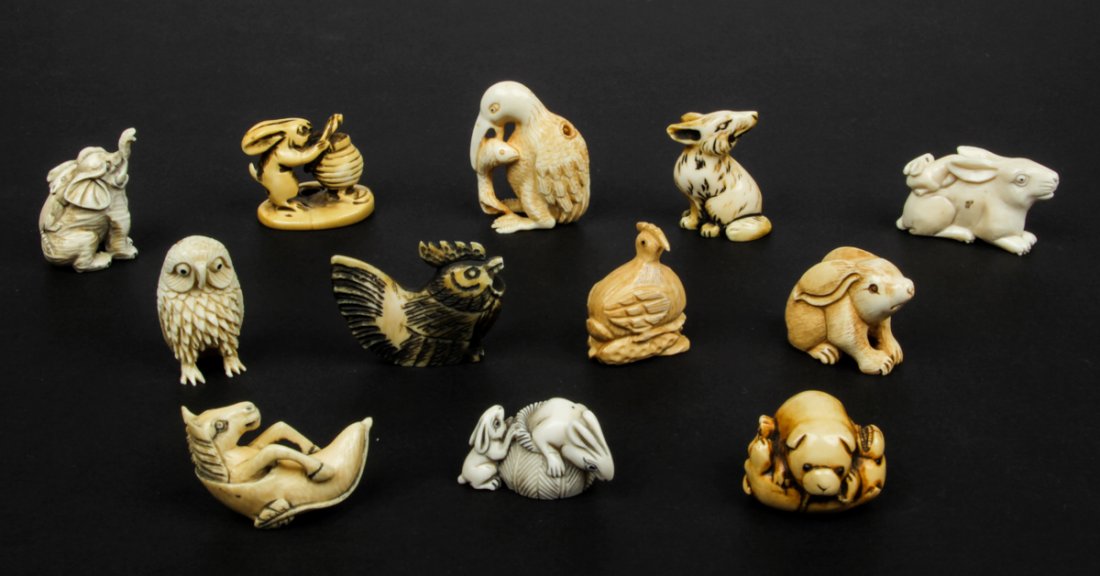 12 Pc Lot of Antique Japanese Ivory Netsukes: 12 pc lot of Antique Japanese ivory netsukes in animal forms. Including rabbits, birds, pandas, and a fox. Size: 1.75" largest.