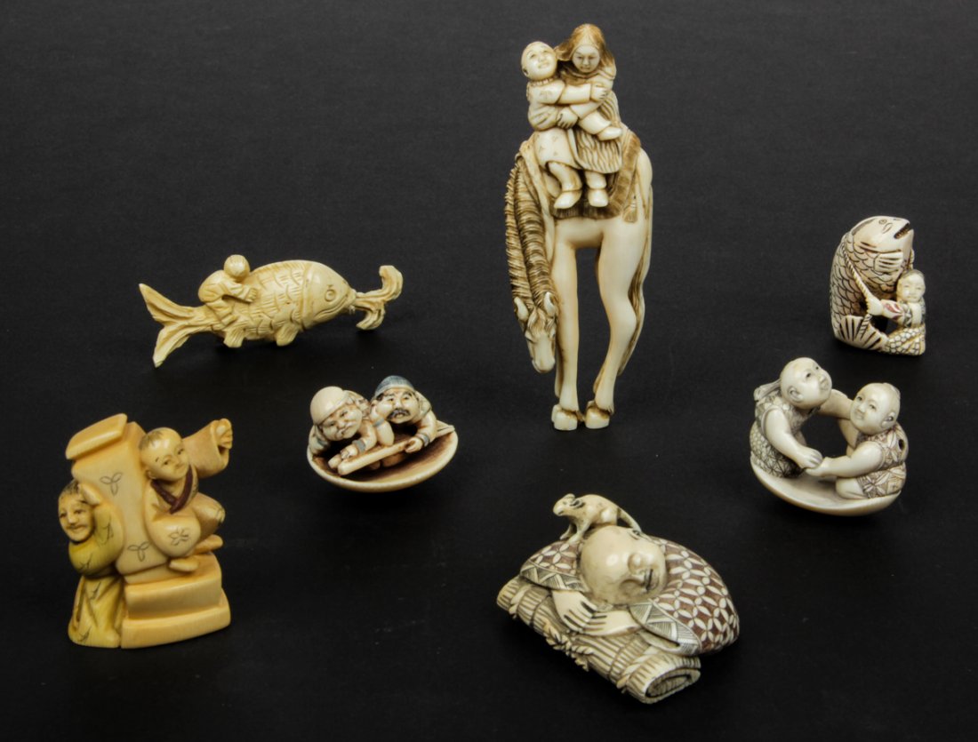 7 Pc Lot of Antique Japanese Ivory Netsukes: 7pc lot of Antique Japanese ivory netsukes of fabled characters. Size: largest 4.25" (11 cm).