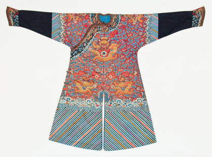 Antique Chinese Imperial Dragon Robe: Antique Chinese Imperial Dragon Robe, 19th c., apricot ground, silk on silk embroidery, excellent condition. Size: 54" x 80" (137 x 203 cm). From a New York estate.