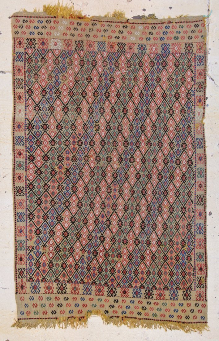 Antique Turkish Djidjim: 4'3" x 6'10": Antique Turkish Djidjim, saffron yellow field. Size: 4'3" x 6'10" (130 x 208 cm).