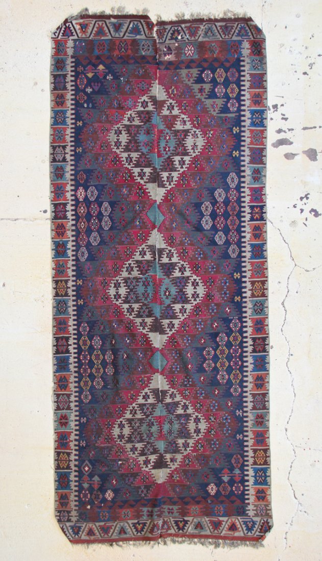 Antique Turkish Kilim: 12'8" x 5'2" (386 x 157 cm): Antique Turkish Kilim, late 19th c. Size: 12'8" x 5'2" (386 x 157 cm).