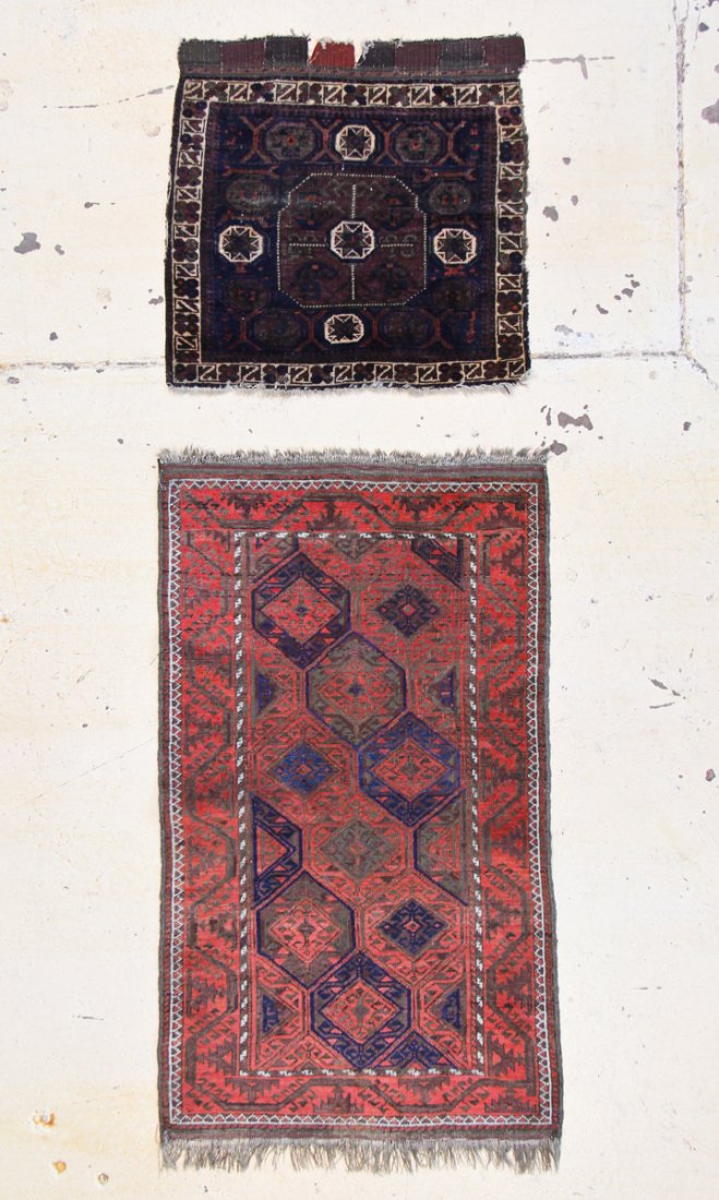 2 Antique Beluch Rugs: 2 Antique Beluch Rugs: 1) Antique Beluch Rug, 19th c. Size: 2'11" x 6'10" (89 x 208 cm); 2) Beluch Bag Face, late 19th c. Size: 2'8" x 2'3" (81 x 69 cm).