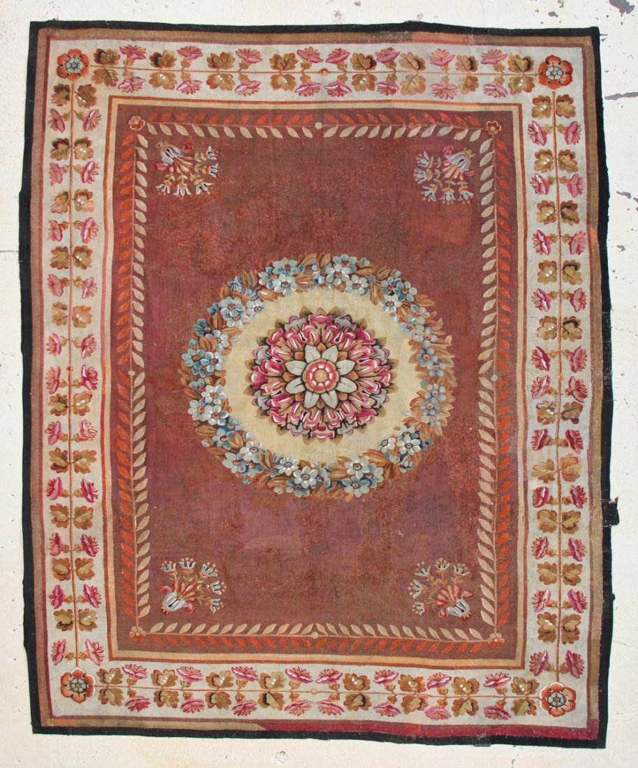 Antique Aubusson Tapestry Rug: 9' x 10': Antique Aubusson Tapestry Rug (France; 19th c.) Size: 9' x 10' (274 x 305 cm).