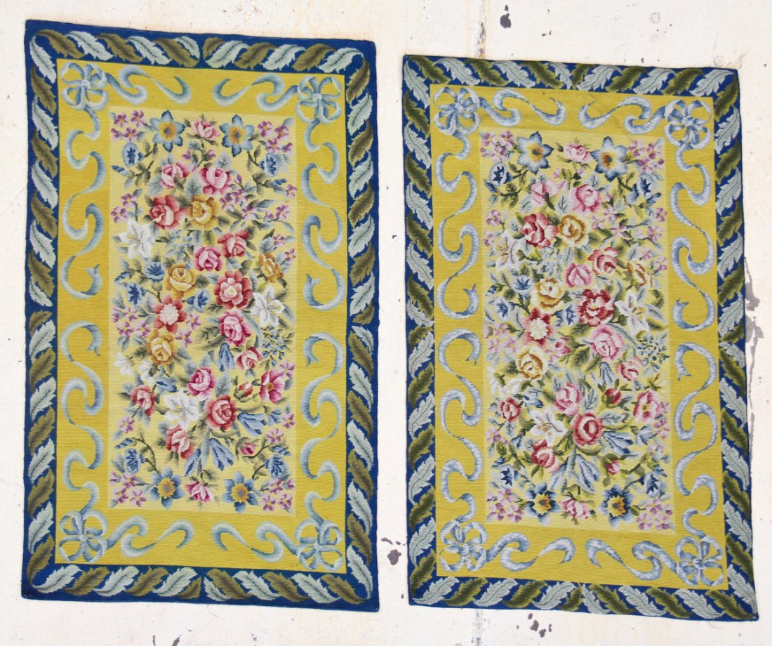 Pair of Continental Needlepoint Rugs: Pair of Continental Needlepoint Rugs, early 20th c. Sizes: 2'9" x 4'5.5" (84 x 136 cm), and 2'10" x 4'8" (86 x 142 cm).
