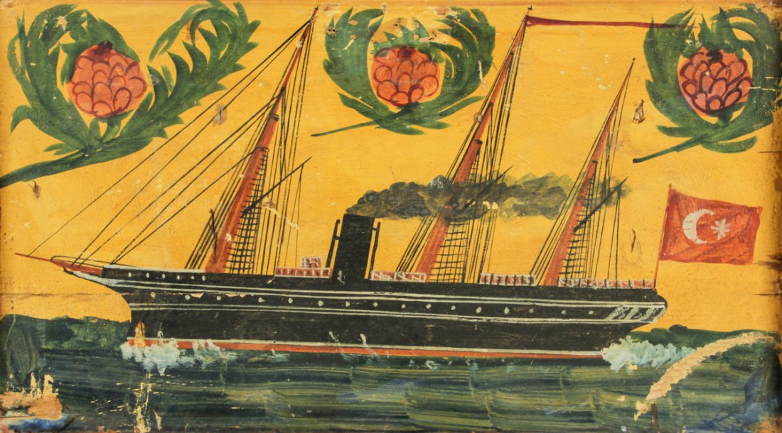 Antique Turkish Ship Painting: Antique Turkish Ship Painting, paint on wood, covering the interior surface of a chest top. Size: 20.5" x 35" (52 x 89 cm).