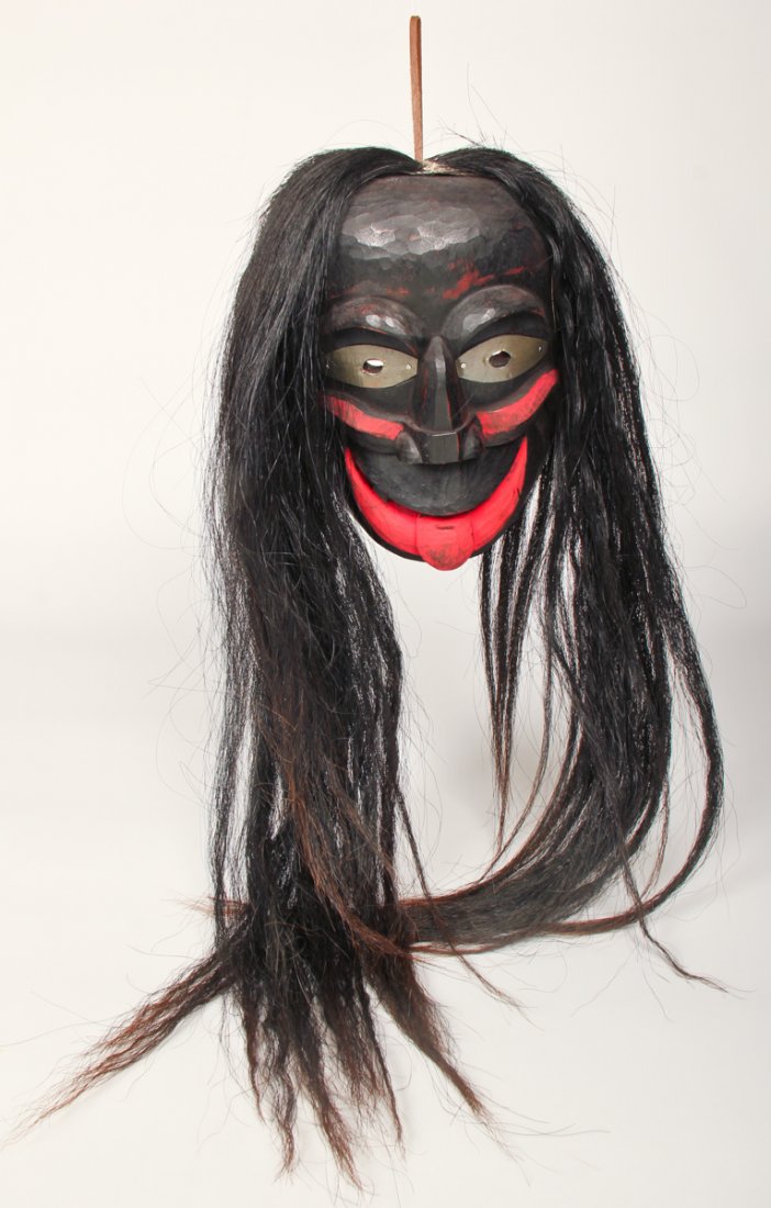Iroquois False Face Mask: Iroquois False Face Mask, carved and painted wood with horsehair, 20th c. Size: 9.5" x 7" x 6" (24 x 18 x 15 cm).