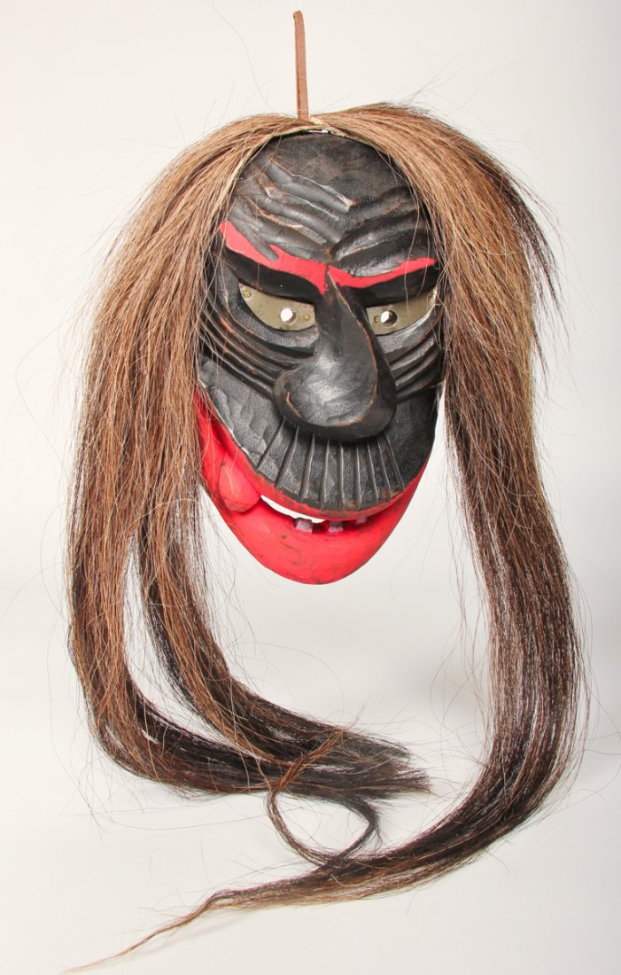 Iroquois False Face Mask: Iroquois False Face Mask, carved and painted wood with horsehair, 20th c. Size: 9.75" x 7" x 4" (25 x 18 x 10 cm).