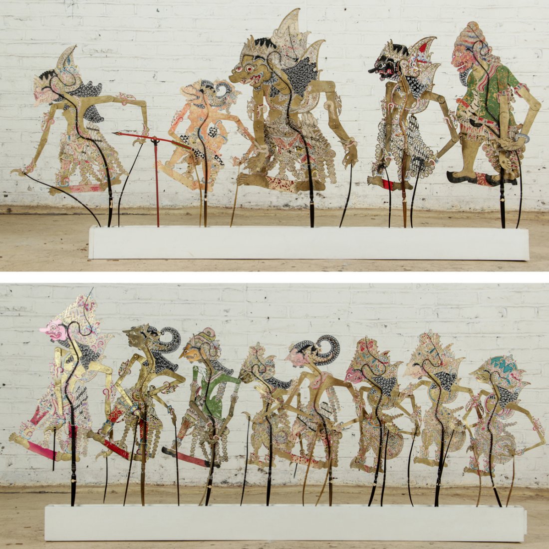 A Master's Set of Wayang Kulit Shadow Puppets: A Master's Set of Wayang Kulit Shadow Puppets. Java, Indonesia. A 14 pc collection consisting of a stock character, 2 ogres, 10 knightly characters, 1 arrow. Finely crafted from hide and horn. Size, l