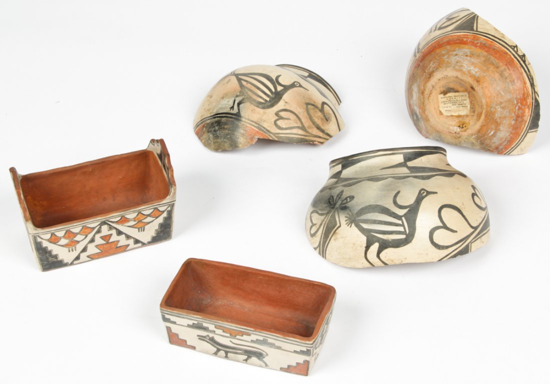 3 19th C Southwest Native American Indian Artifacts: 3 19th C Southwest Native American Indian Artifacts. 2 Acoma style decorated loaf pans and a fractured jar which is labeled Cochiti. Size, largest: 4.5" x 4.5" x 7" (11 x 11 x 18 cm). Provenance: Priv