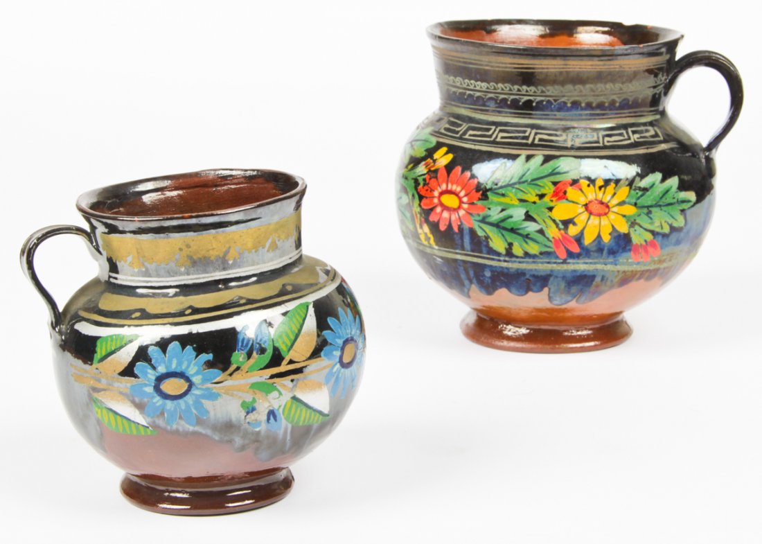2 Antique Mexican Lustreware Wedding Vessels: 2 Antique Mexican Lustreware Wedding Vessels. Size: taller 7" x 6.5" diameter (18 x 17 cm). Provenance: Private Philadelphia collection.