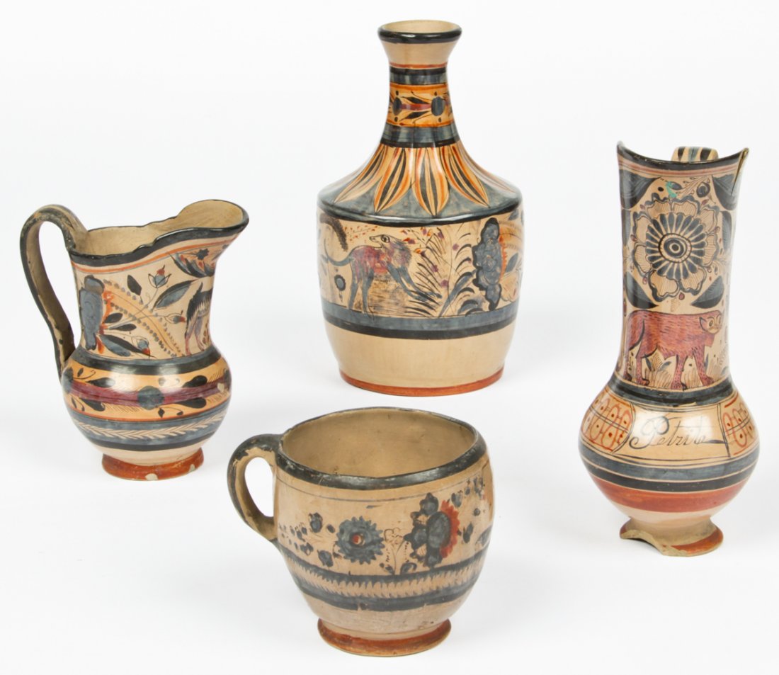 4 Antique Mexican Pottery Vessels: 4 pc lot Antique Mexican Pottery Vessels. Tonala, Jalisco designs featuring animal motifs. Size: largest 9.5" x 5" diameter (24 x 13 cm). Provenance: Private Philadelphia collection.