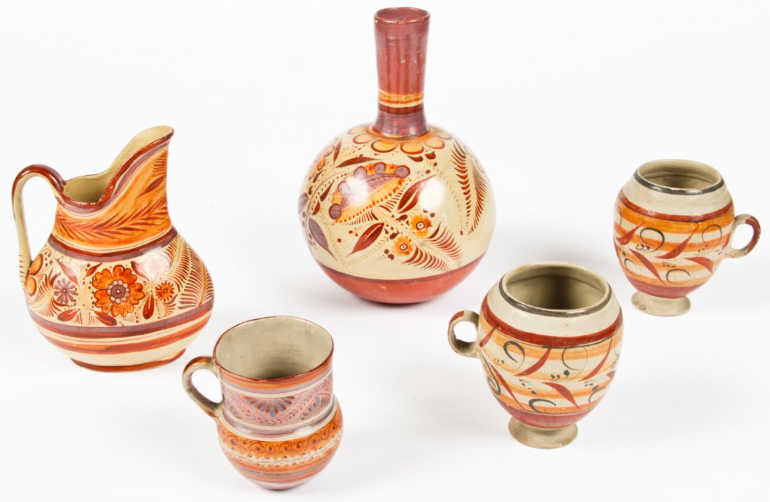 5 Antique Tonala Pottery Vessels: 5 pc Antique Tonala Pottery vessels. Mexican. Size: largest 10.5" x 6.5" diameter (27 x 17 cm). Provenance: Private Philadelphia collection.