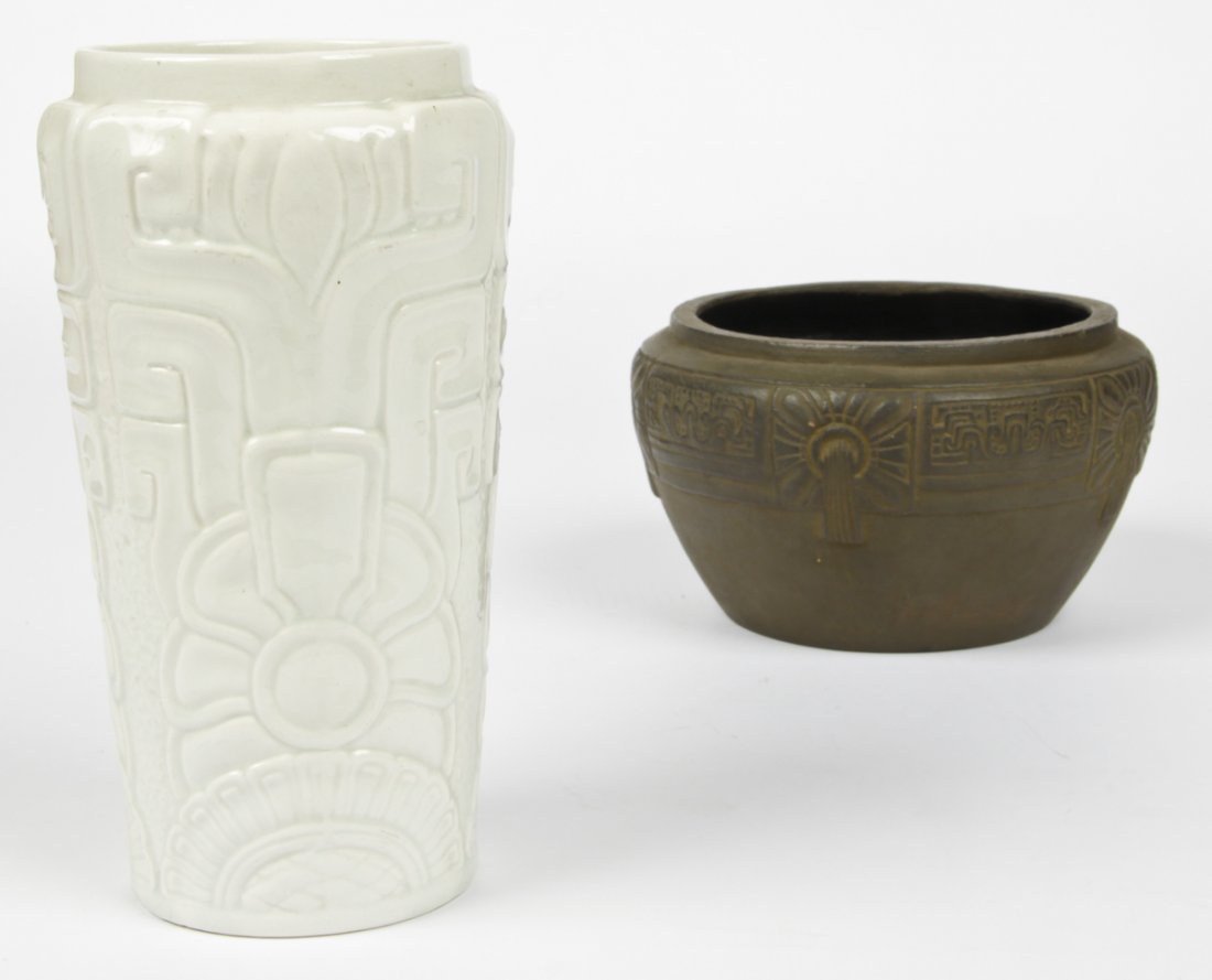 2 Art Deco style Mexican Pottery Vessels: 2 Art Deco style Mexican pottery vessels. The blanc de chine vase relief decorated in Mayan decorations in the round and the squat pot banded in similar designs. Vase marked Anfora and the pot illegib