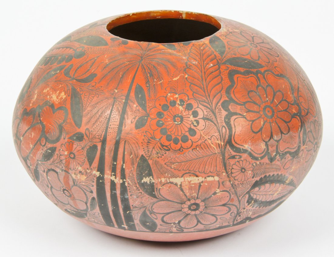 Antique Tonal Olla: Antique Tonal Olla. Mexican. Slip decoration in a dark contrast. Size: 6.5" x 8" diameter (17 x 20 cm). Provenance: Private Philadelphia collection.