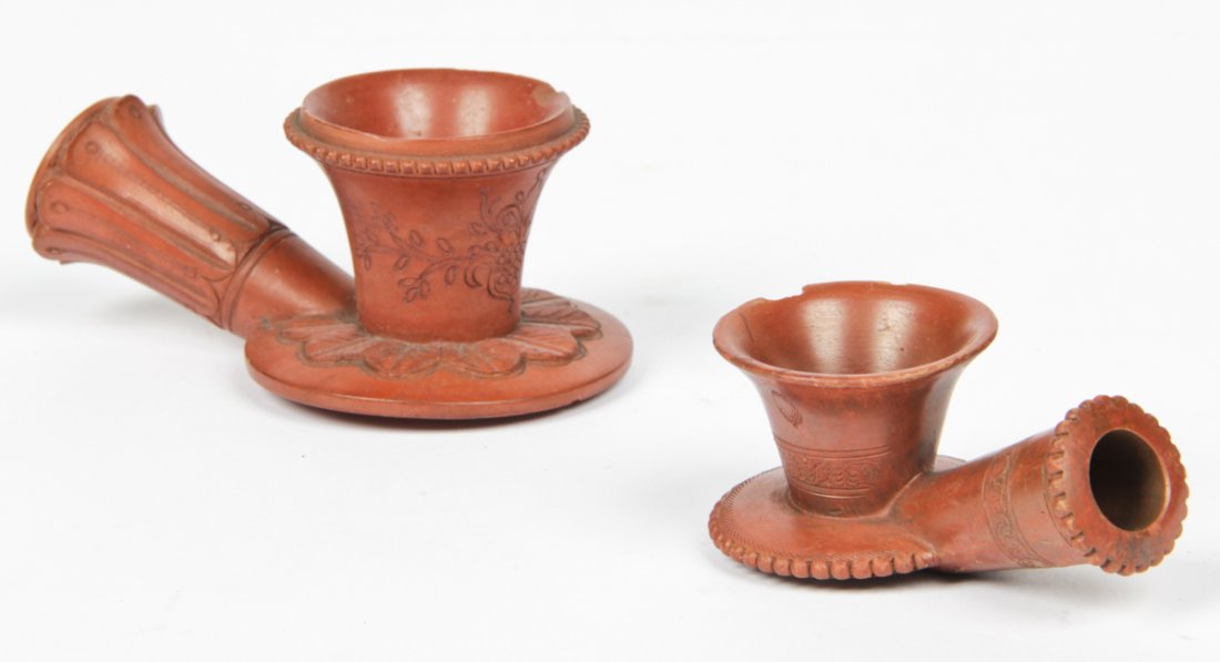 2 Antique Turkish Clay Pipe Bowls: 2 Antique Turkish Clay Pipe Bowls. Ottoman era. Accessioned for exhibit in 1895. Size: larger 2.5" x 4.5" x 2.75" (6 x 11 x 7 cm). Provenance: Private Philadelphia collection.