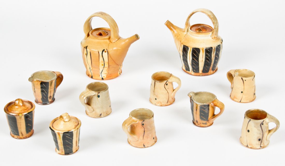 11pc Rock Creek Pottery Coffee/Tea Service: 11pc Rock Creek Pottery Coffee/Tea service. By Douglass Rankin and Will Ruggles. Size: 9" x 8.5" x 5.75", 23 x 22 x 15 cm (largest).