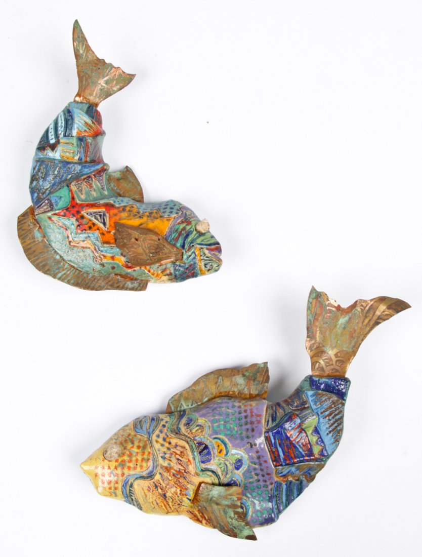 Pair of Glazed Ceramic and Copper Fish Appliques: Pair of glazed ceramic and etched copper fish appliques. Sizes: 9" x 8" x 2.5" (23 x 20 x 6 cm), to 9.5" x 11" x 2" (24 x 28 x 5 cm).