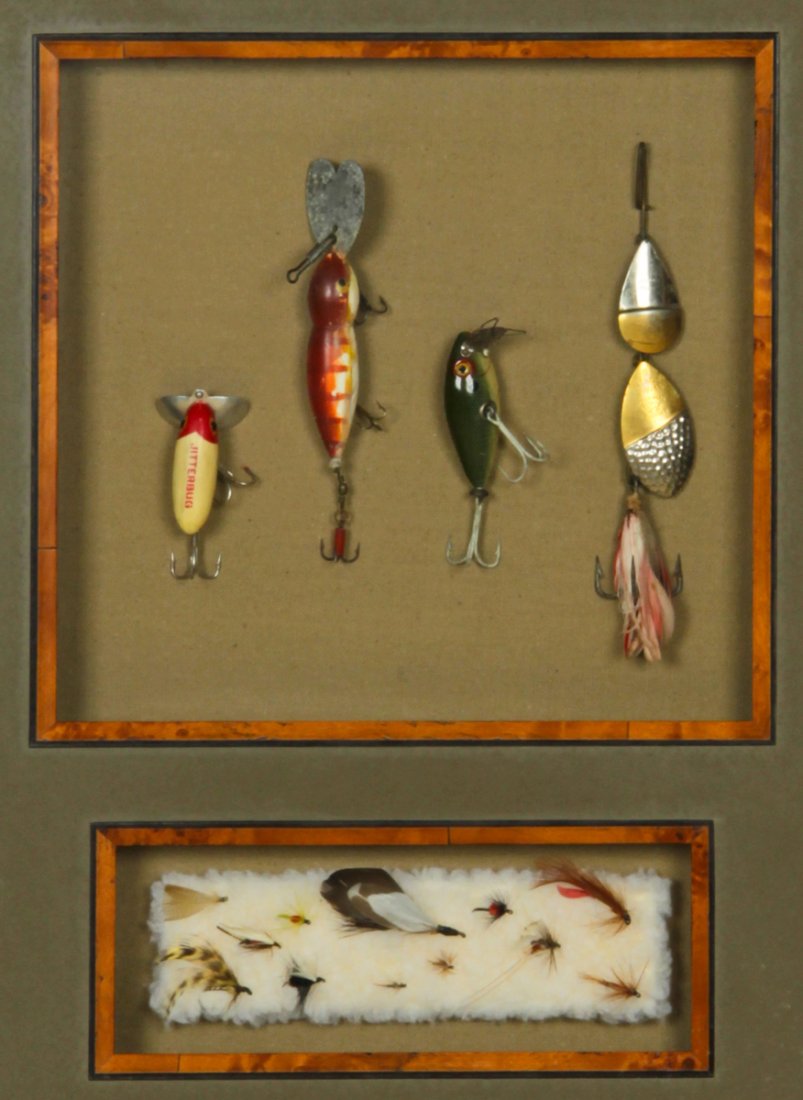 Vintage Fishing Lure Shadowbox Display: Vintage Fishing Lure Shadowbox Display. With classic lures like the Jitterbug popper, 2 other bass plugs and a double W.T. Lowe Spinner with a #2 spoon and #8 hammered willow blade. Also includes a va