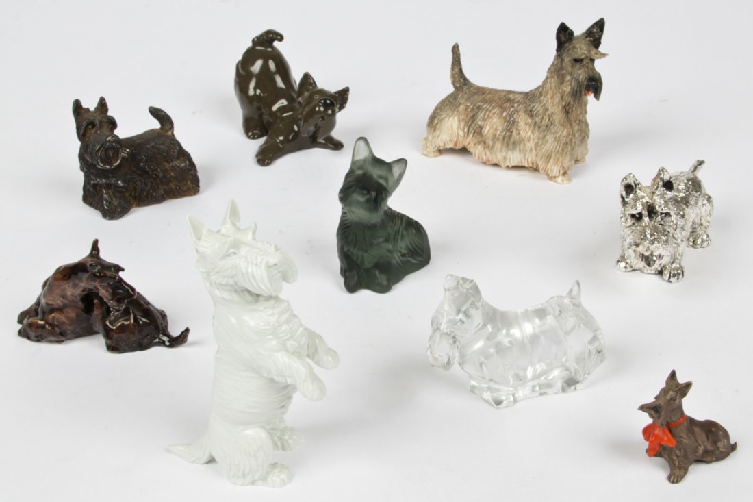 9 Pc Scottie Dog Figurine Collection: 9 piece Scottie dog collection. Sizes: 2.25" x 2" x 1.25" (6 x 5 x 3 cm), to 5" x 2" x 6" (13 x 5 x 15 cm).